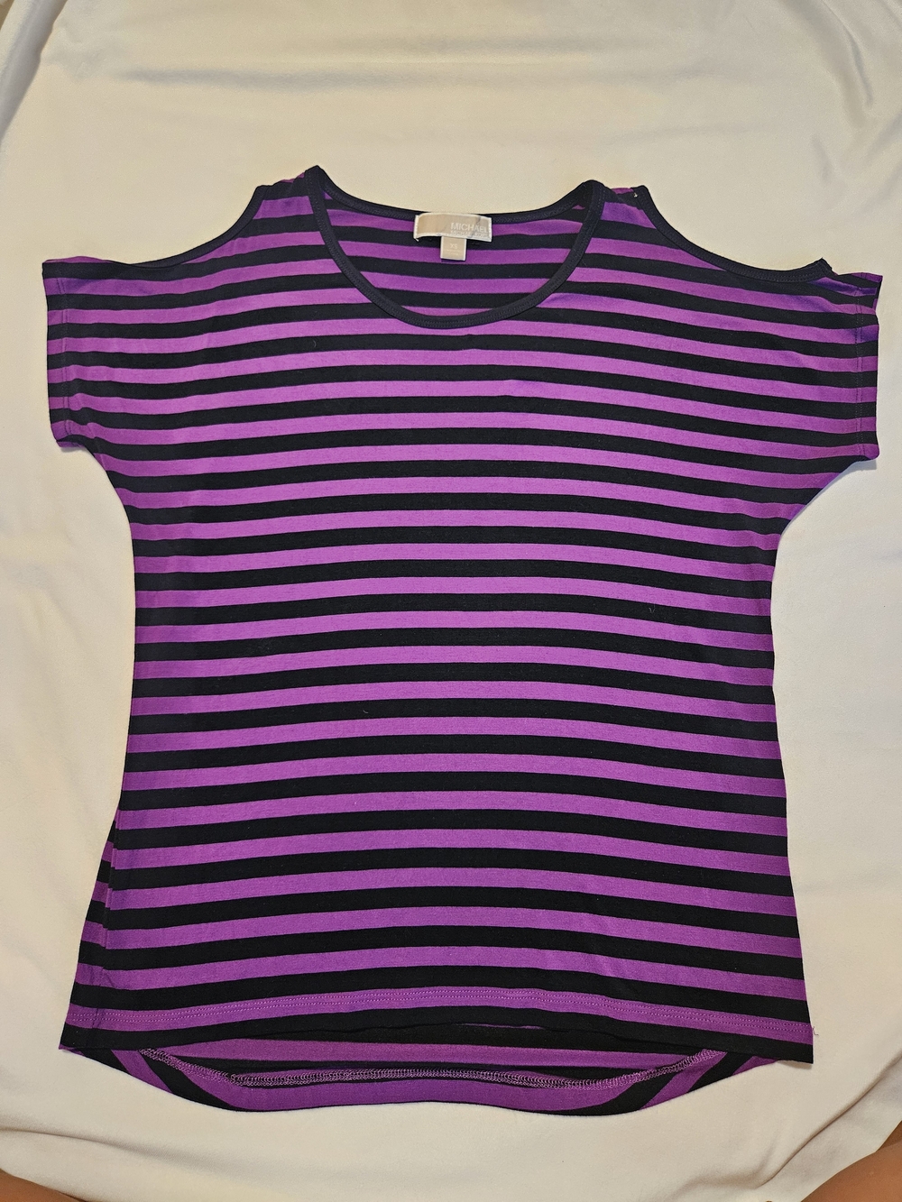 Michael Kors Black and Purple Striped Cold-Shoulder Tee
